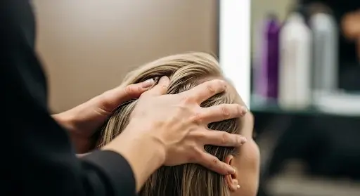 Mains d'une masseuse professionnelle effectuant un massage du cuir chevelu sur une femme blonde dans un salon de bien-être.