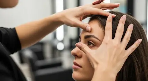 Une experte en beauté mesurant les lignes du visage d'une cliente pour un diagnostic de visagisme.