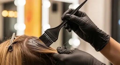 Un coiffeur aux gants noirs appliquant une teinture sur les racines des cheveux d'une cliente à l'aide d'un pinceau.